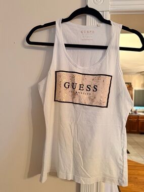 GUESS White Tank Top with Metallic Rose Gold Logo Panel